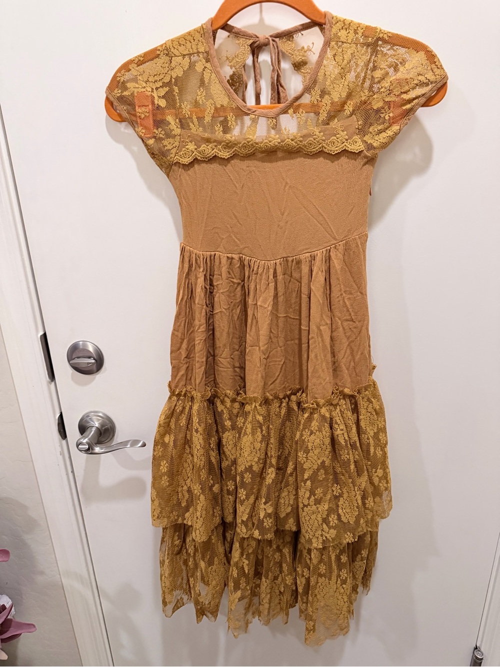 Girls' Mustard Lace Tiered Formal Dress